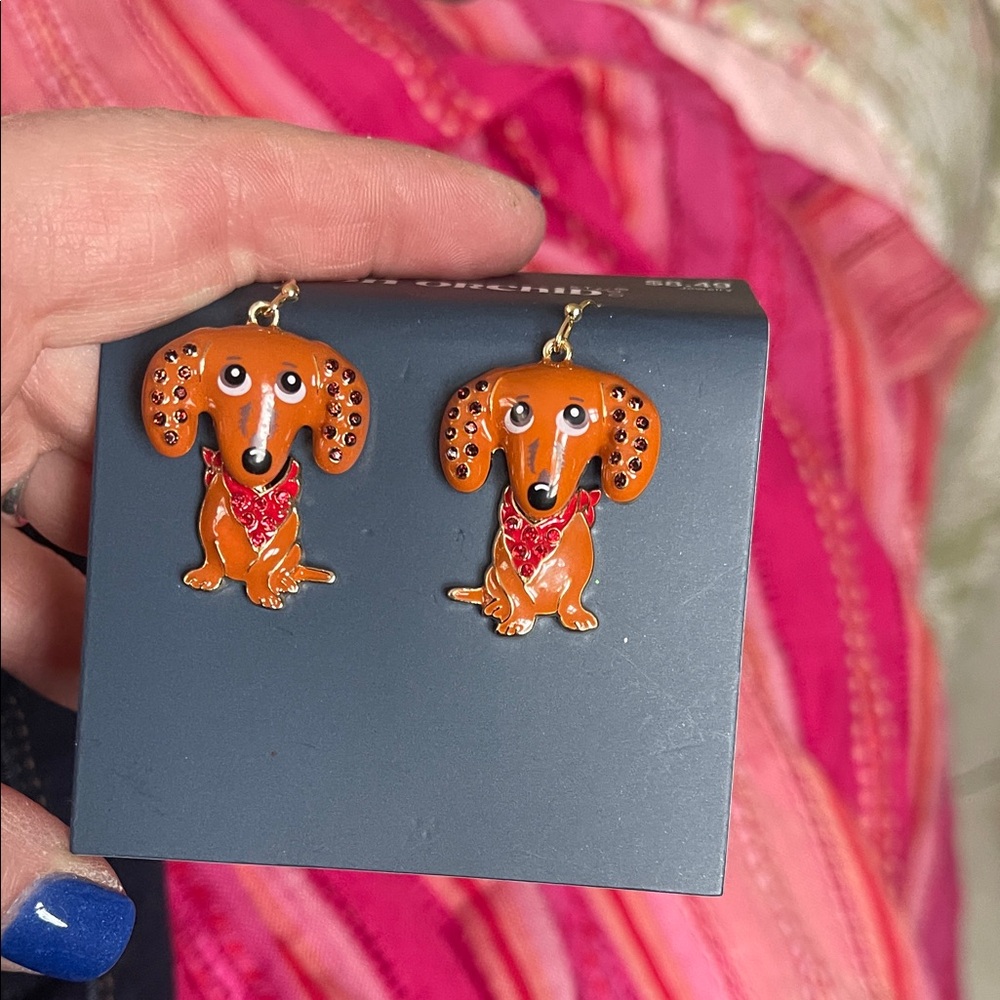 Cute Brown Dachshund Dog Dangle Earrings with Red Accent